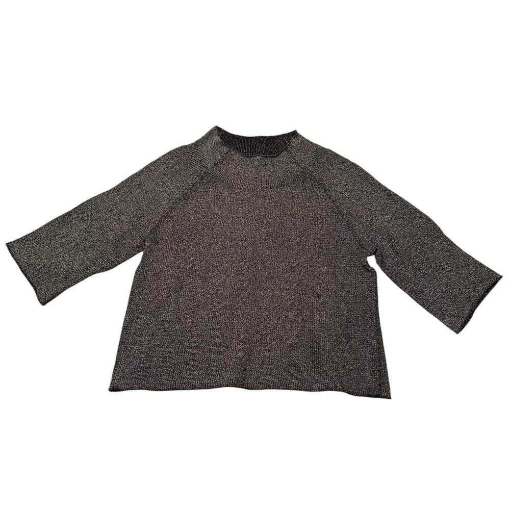 The Fisher Project Sweater Mock Neck Marled Knit Boxy Crop Gray Black Medium